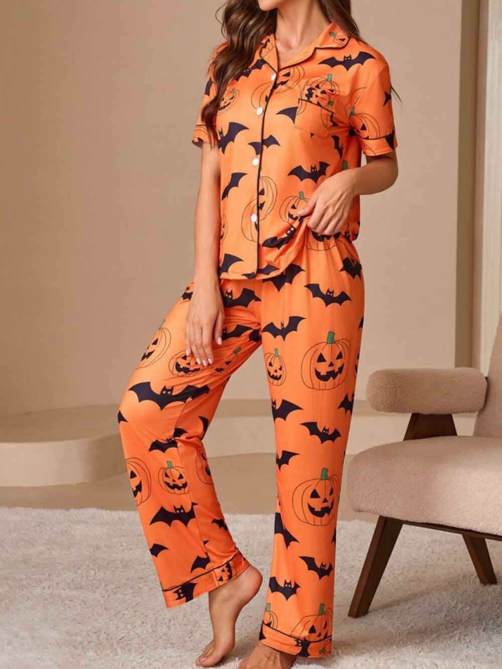 Halloween Pumpkin & Bat Print Button‑Down Lounge Set | Top & Pants